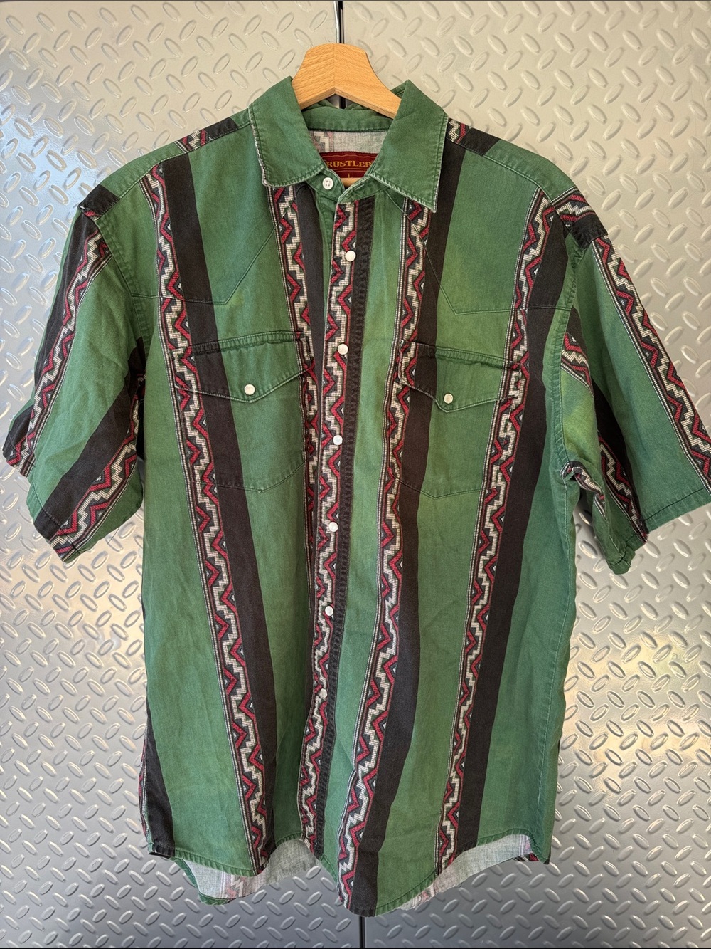 Rustler Green Short Sleeve Button-Front Western Shirt with Black and Red Accents